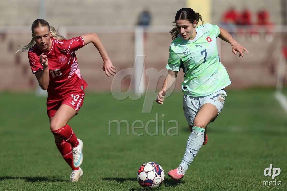 KAKANJ, BOSNIA AND HERZEGOVINA - OCTOBER 13: Frederikke Ludvigsen of Denmark and Ramona Schallberger of Switzerland during the UEFA Womens European Under-19 Qualifier match between Denmark and Switzerland at Mladost Stadium on October 13, 2026 in Kakanj, Bosnia and Herzegovina. Photo: Armin Durgut/Pixsell/DP Media