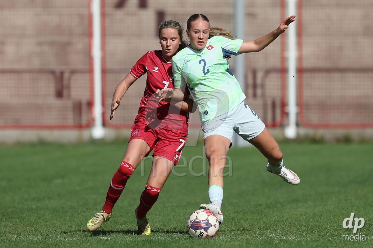 KAKANJ, BOSNIA AND HERZEGOVINA - OCTOBER 13: Nellie Mulvad Gejel of Denmark and Liel Rickenbach of Switzerland during the UEFA Womens European Under-19 Qualifier match between Denmark and Switzerland at Mladost Stadium on October 13, 2026 in Kakanj, Bosnia and Herzegovina. Photo: Armin Durgut/Pixsell/DP Media