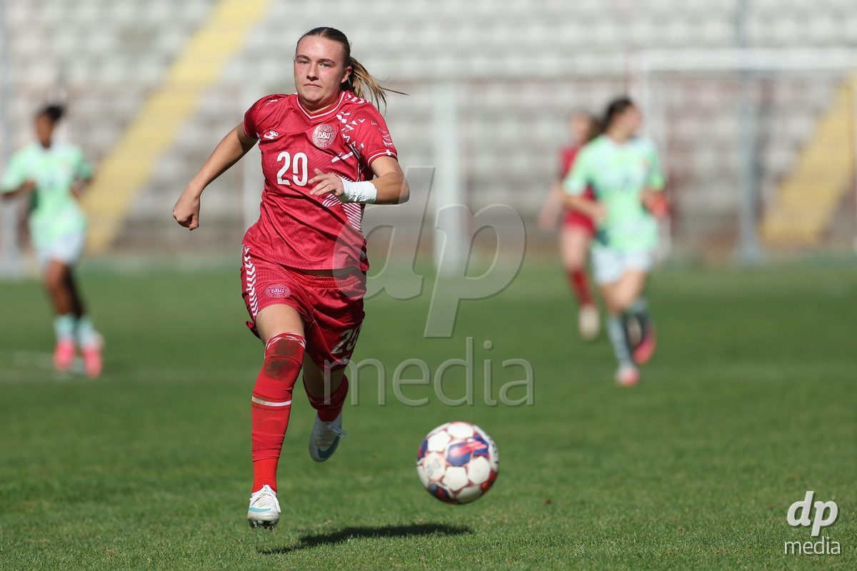 KAKANJ, BOSNIA AND HERZEGOVINA - OCTOBER 13: Nikoline Nielsen of Denmark runs with the ball during the UEFA Womens European Under-19 Qualifier match between Denmark and Switzerland at Mladost Stadium on October 13, 2026 in Kakanj, Bosnia and Herzegovina. Photo: Armin Durgut/Pixsell/DP Media