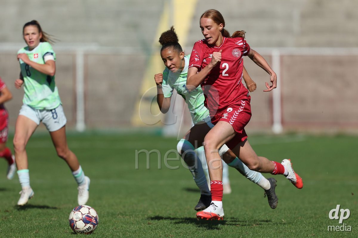 KAKANJ, BOSNIA AND HERZEGOVINA - OCTOBER 13: Soraya Awa Bandia of Switzerland and Andrea Jeppesen of Denmark during the UEFA Womens European Under-19 Qualifier match between Denmark and Switzerland at Mladost Stadium on October 13, 2026 in Kakanj, Bosnia and Herzegovina. Photo: Armin Durgut/Pixsell/DP Media