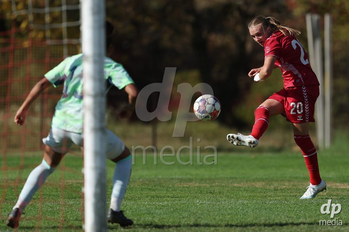 KAKANJ, BOSNIA AND HERZEGOVINA - OCTOBER 13: Nikoline Nielsen of Denmark shoots the ball during the UEFA Womens European Under-19 Qualifier match between Denmark and Switzerland at Mladost Stadium on October 13, 2026 in Kakanj, Bosnia and Herzegovina. Photo: Armin Durgut/Pixsell/DP Media