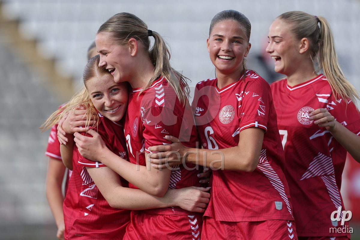 KAKANJ, BOSNIA AND HERZEGOVINA - OCTOBER 13: Asta Kynde of Denmark, Andrea Thierry of Denmark, Josephine Behrmann Lamp of Denmark and Mille Kjaergaard of Denmark celebrate after Asta Kynde of Denmark score a goal for 6:2 during the UEFA Womens European Under-19 Qualifier match between Denmark and Switzerland at Mladost Stadium on October 13, 2026 in Kakanj, Bosnia and Herzegovina. Photo: Armin Durgut/Pixsell/DP Media
