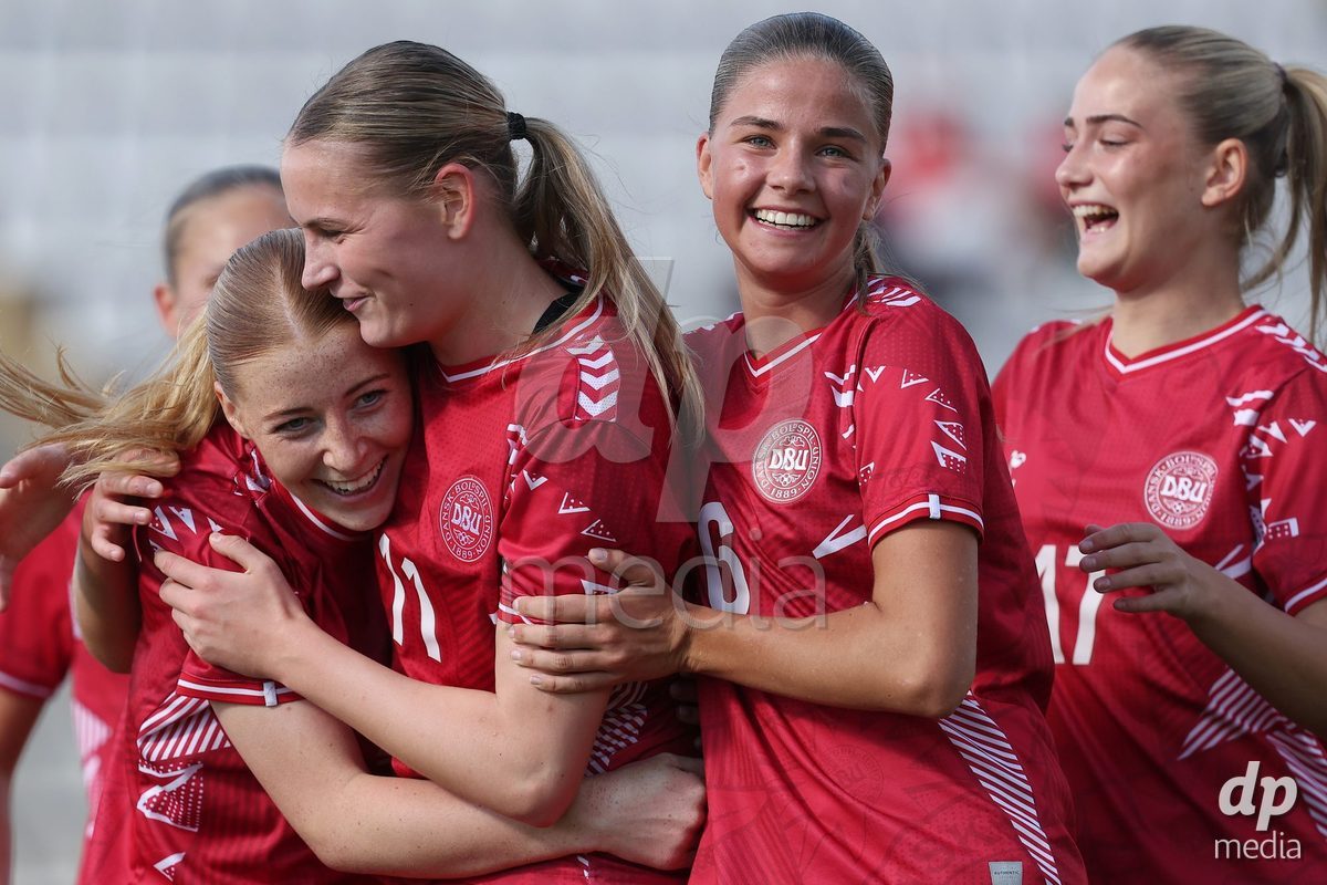 KAKANJ, BOSNIA AND HERZEGOVINA - OCTOBER 13: Asta Kynde of Denmark, Andrea Thierry of Denmark, Josephine Behrmann Lamp of Denmark and Mille Kjaergaard of Denmark after Asta Kynde of Denmark score a goal for 6:2 during the UEFA Womens European Under-19 Qualifier match between Denmark and Switzerland at Mladost Stadium on October 13, 2026 in Kakanj, Bosnia and Herzegovina. Photo: Armin Durgut/Pixsell/DP Media