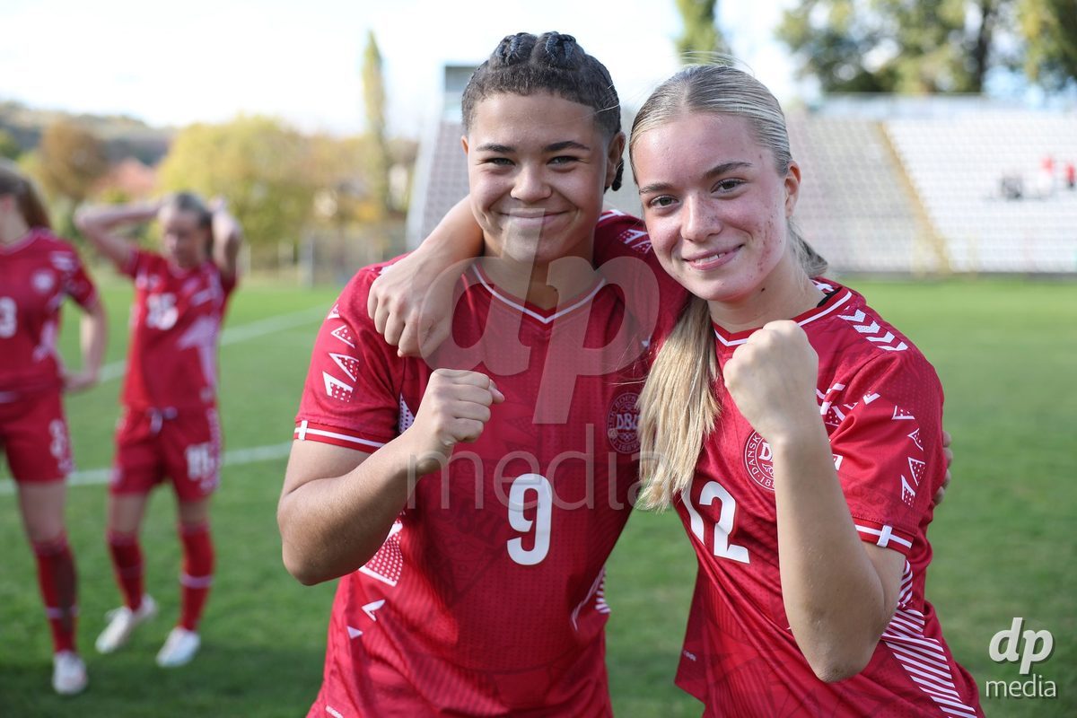 KAKANJ, BOSNIA AND HERZEGOVINA - OCTOBER 13: Thea Petersen of Denmark and Evelina Thygesen of Denmark pose for a photo after the UEFA Womens European Under-19 Qualifier match between Denmark and Switzerland at Mladost Stadium on October 13, 2026 in Kakanj, Bosnia and Herzegovina. Photo: Armin Durgut/Pixsell/DP Media