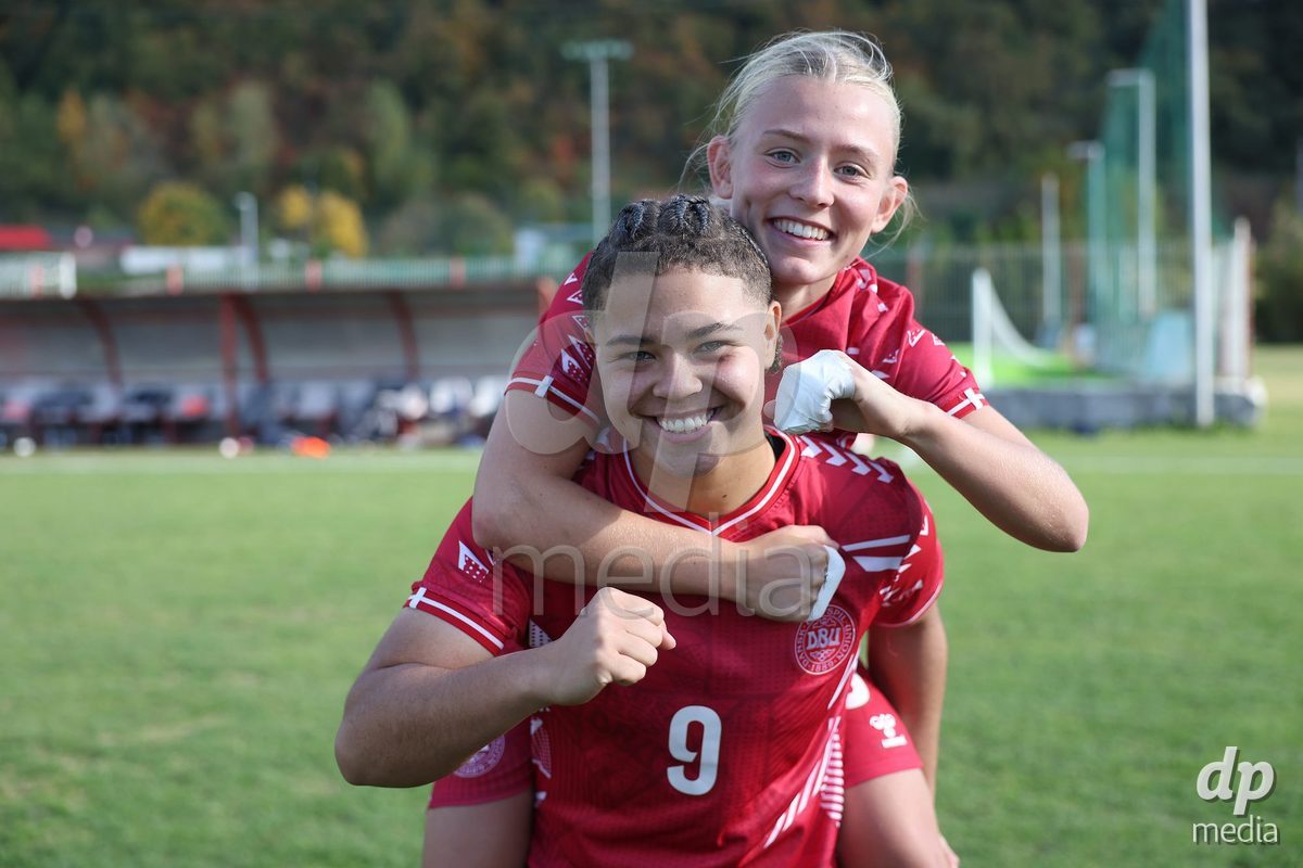 KAKANJ, BOSNIA AND HERZEGOVINA - OCTOBER 13: Thea Petersen of Denmark and Astrid Engsig-Karup of Denmark pose for a photo after the UEFA Womens European Under-19 Qualifier match between Denmark and Switzerland at Mladost Stadium on October 13, 2026 in Kakanj, Bosnia and Herzegovina. Photo: Armin Durgut/Pixsell/DP Media