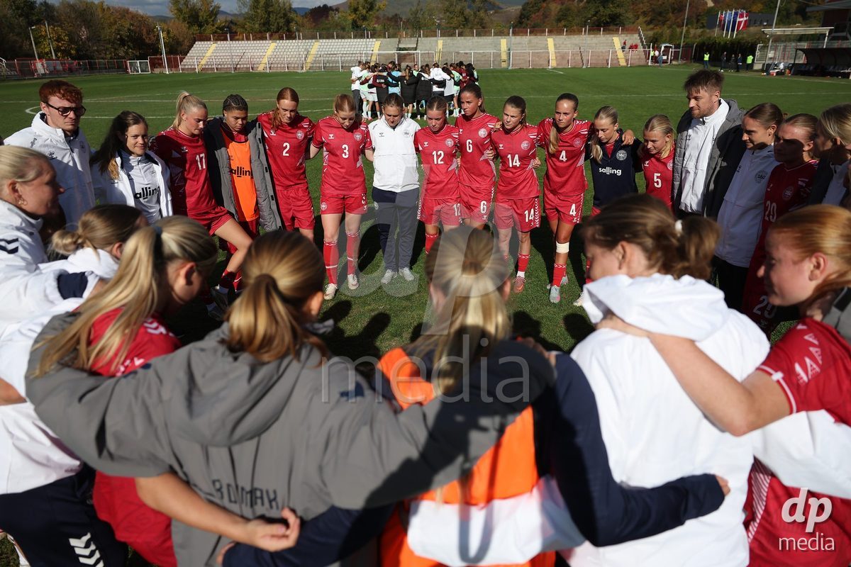 KAKANJ, BOSNIA AND HERZEGOVINA - OCTOBER 13: Players of Denmark celebrate after the UEFA Womens European Under-19 Qualifier match between Denmark and Switzerland at Mladost Stadium on October 13, 2026 in Kakanj, Bosnia and Herzegovina. Photo: Armin Durgut/Pixsell/DP Media