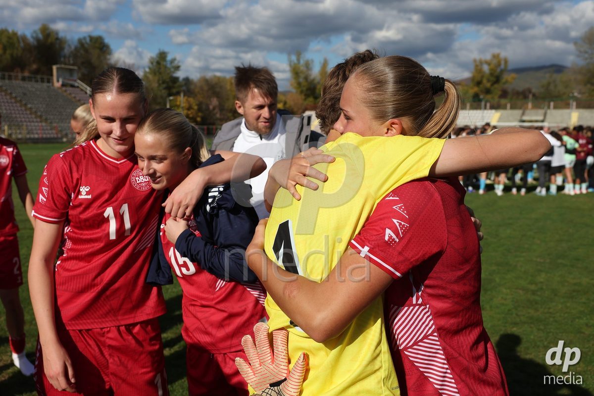 KAKANJ, BOSNIA AND HERZEGOVINA - OCTOBER 13: Players of Denmark celebrate after the UEFA Womens European Under-19 Qualifier match between Denmark and Switzerland at Mladost Stadium on October 13, 2026 in Kakanj, Bosnia and Herzegovina. Photo: Armin Durgut/Pixsell/DP Media