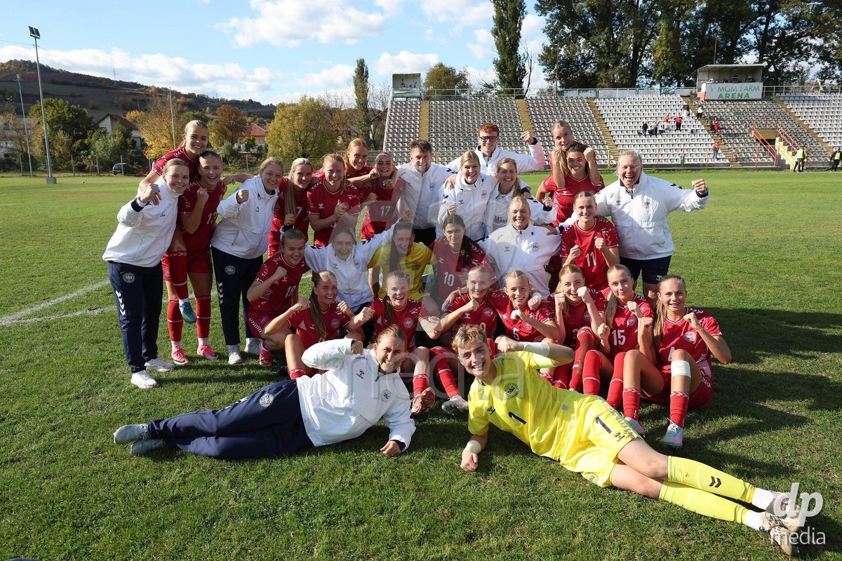 KAKANJ, BOSNIA AND HERZEGOVINA - OCTOBER 13: Players of Denmark celebrate after the UEFA Womens European Under-19 Qualifier match between Denmark and Switzerland at Mladost Stadium on October 13, 2026 in Kakanj, Bosnia and Herzegovina. Photo: Armin Durgut/Pixsell/DP Media