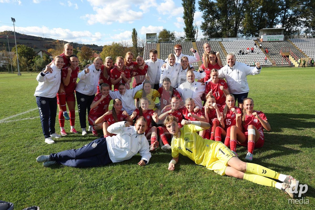 KAKANJ, BOSNIA AND HERZEGOVINA - OCTOBER 13: Players of Denmark celebrate after the UEFA Womens European Under-19 Qualifier match between Denmark and Switzerland at Mladost Stadium on October 13, 2026 in Kakanj, Bosnia and Herzegovina. Photo: Armin Durgut/Pixsell/DP Media