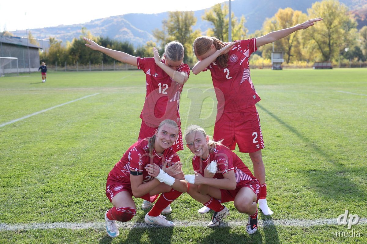 KAKANJ, BOSNIA AND HERZEGOVINA - OCTOBER 13: Nikoline Nielsen of Denmark, Andrea Jeppesen of Denmark, Evelina Thygesen of Denmark and Astrid Engsig-Karup of Denmark during the UEFA Womens European Under-19 Qualifier match between Denmark and Switzerland at Mladost Stadium on October 13, 2026 in Kakanj, Bosnia and Herzegovina. Photo: Armin Durgut/Pixsell/DP Media