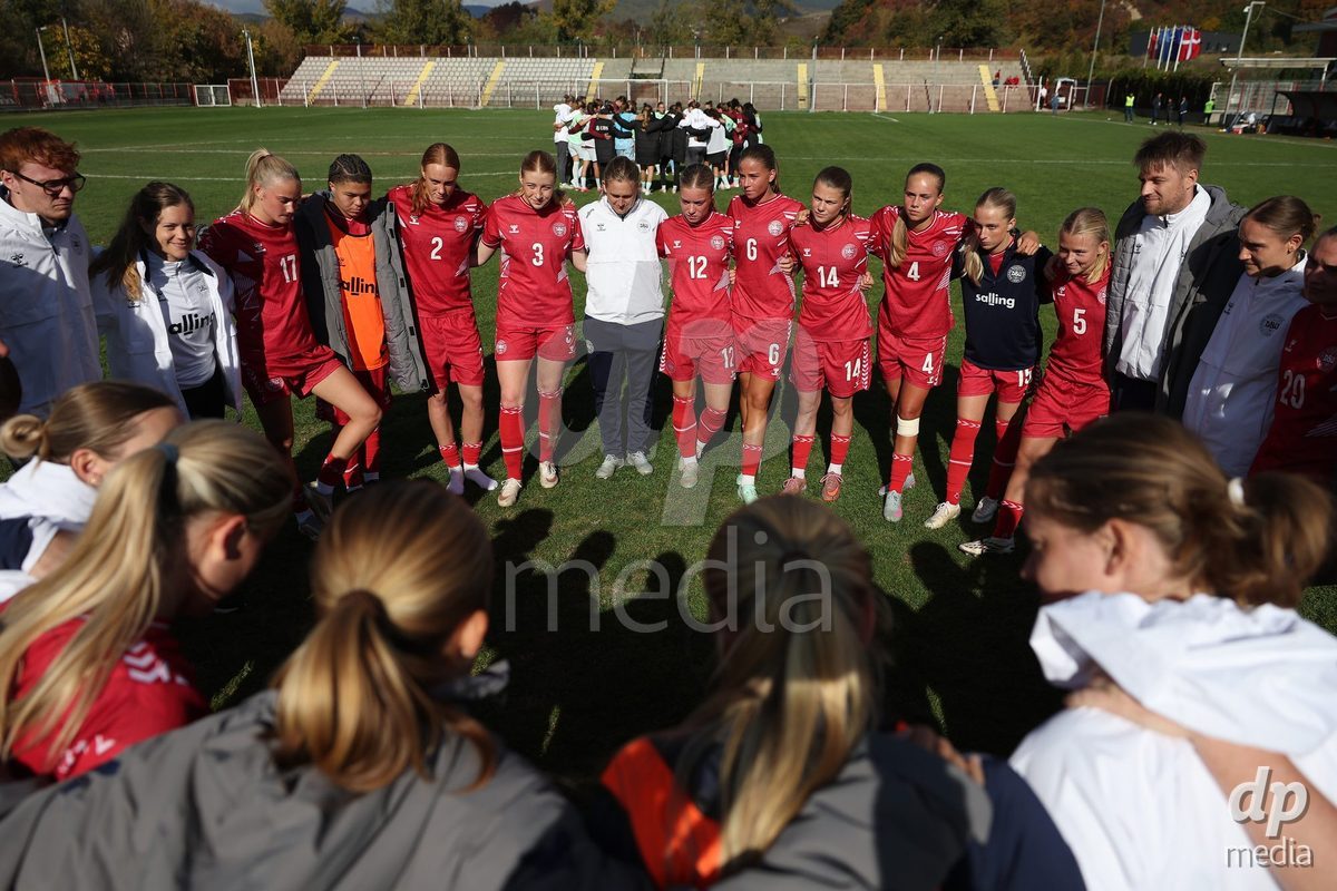 KAKANJ, BOSNIA AND HERZEGOVINA - OCTOBER 13: Players of Denmark celebrate after the UEFA Womens European Under-19 Qualifier match between Denmark and Switzerland at Mladost Stadium on October 13, 2026 in Kakanj, Bosnia and Herzegovina. Photo: Armin Durgut/Pixsell/DP Media