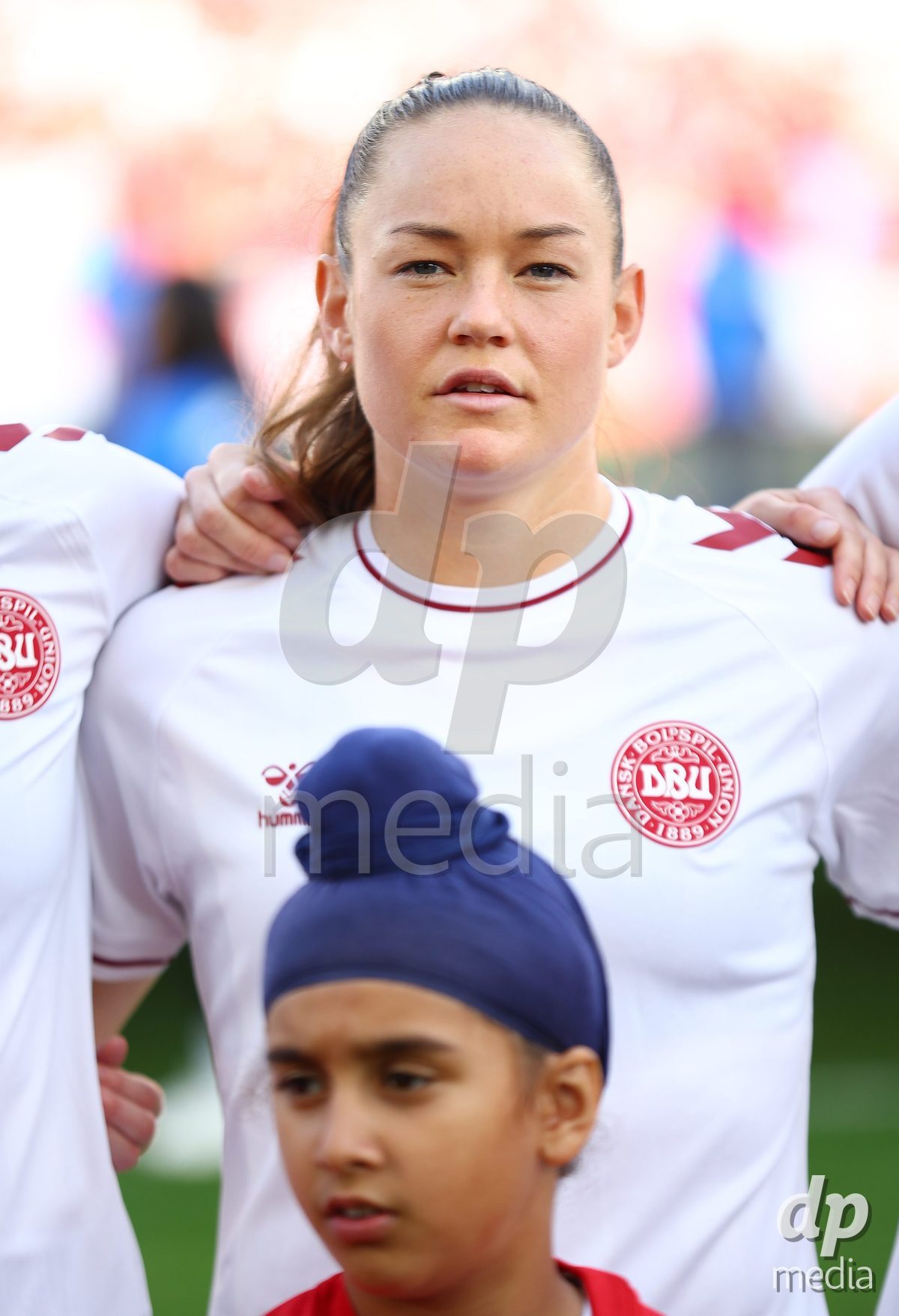 TORONTO, CANADA - OCTOBER 12: Janni Thomsen of Denmark stands for the national anthem before the International Friendly match against Canada at BMO Field on October 12, 2026 in Toronto, Canada.