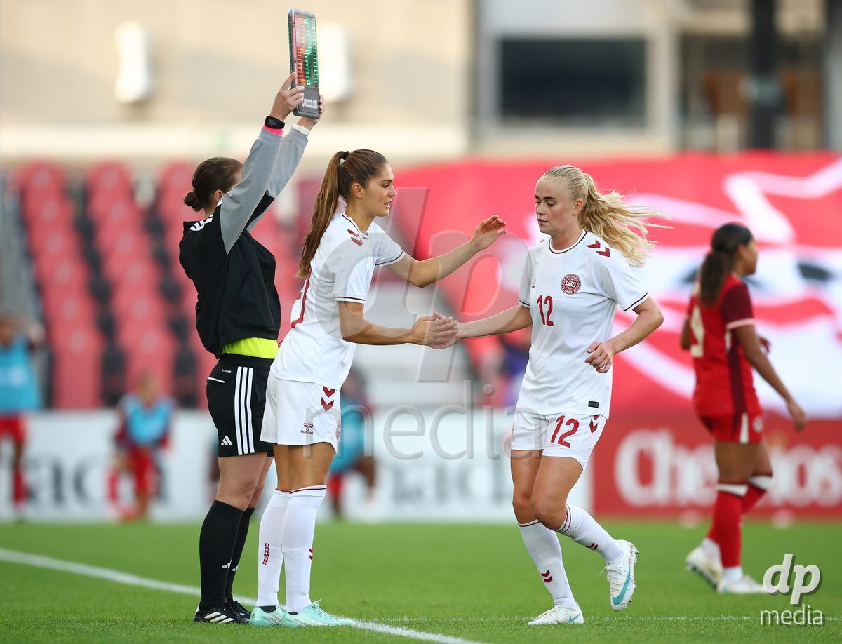 TORONTO, CANADA - OCTOBER 12: Mille Gejl of Denmark is subbed on for Katherine Møller Kühl during the International Friendly match against Canada at BMO Field on October 12, 2026 in Toronto, Canada.