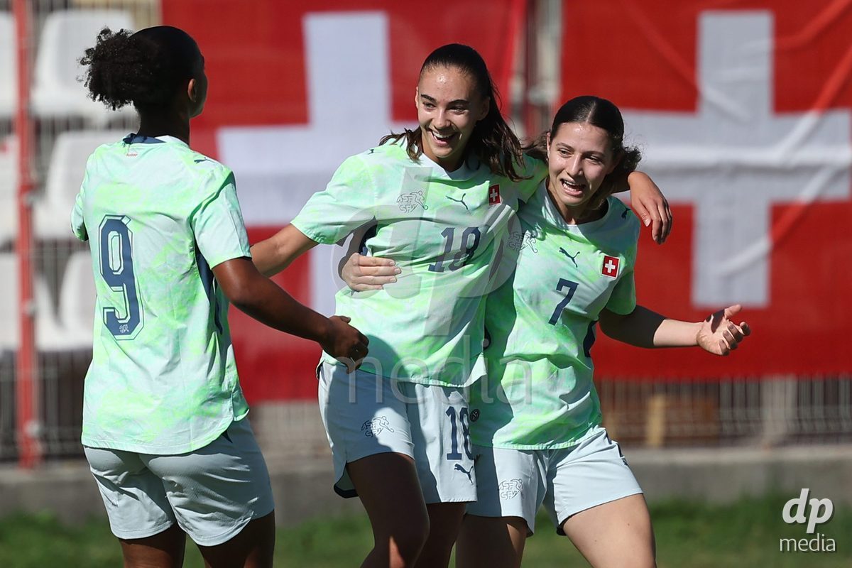KAKANJ, BOSNIA AND HERZEGOVINA - OCTOBER 13: Tiffany Vonnez of Switzerland, Olivia Edelmann of Switzerland and Ramona Schallberger of Switzerland celebrate after Olivia Edelmann of Switzerland score a goal for 1:1 during the UEFA Womens European Under-19 Qualifier match between Denmark and Switzerland at Mladost Stadium on October 13, 2026 in Kakanj, Bosnia and Herzegovina. Photo: Armin Durgut/Pixsell/DP Media