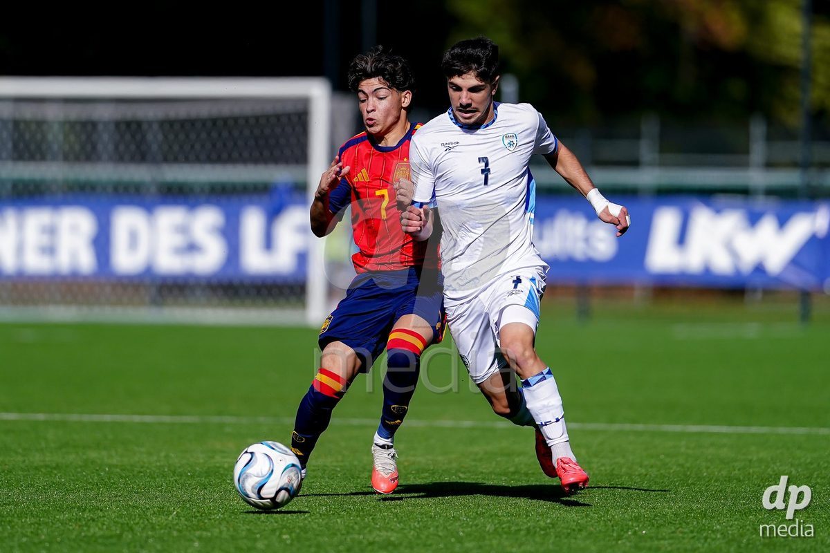 SCHAAN, LIECHTENSTEIN - OCTOBER 15: Yotam Kalfa of Israel and Joaquin Sanchez of Spain battles for the ball during the UEFA European Under-17 Qualifier match between Spain and Israel at LFV Campus Rheinwiese on October 15, 2026 in Schaan, Liechtenstein.