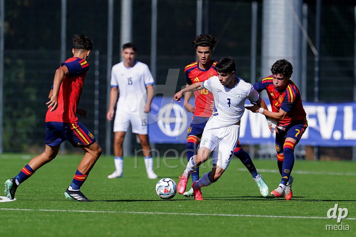 SCHAAN, LIECHTENSTEIN - OCTOBER 15: Yotam Kalfa of Israel and Joaquin Sanchez of Spain battle for the ball during the UEFA European Under-17 Qualifier match between Spain and Israel at LFV Campus Rheinwiese on October 15, 2026 in Schaan, Liechtenstein.