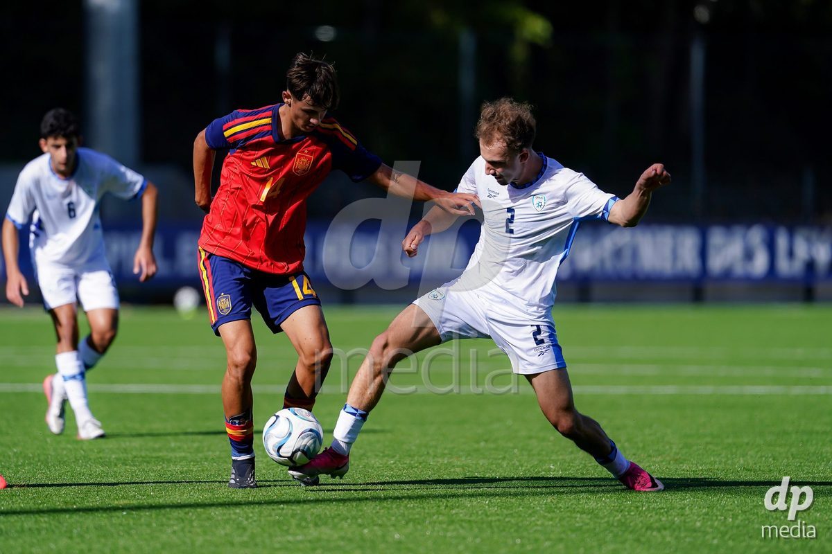 SCHAAN, LIECHTENSTEIN - OCTOBER 15: Ido Voloch of Israel and Raul Lema of Spain battle for the ball during the UEFA European Under-17 Qualifier match between Spain and Israel at LFV Campus Rheinwiese on October 15, 2026 in Schaan, Liechtenstein.