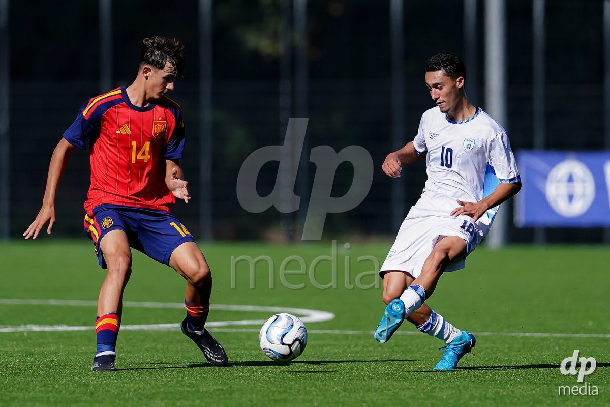 SCHAAN, LIECHTENSTEIN - OCTOBER 15: Noam Azrane of Israel controls the ball during the UEFA European Under-17 Qualifier match between Spain and Israel at LFV Campus Rheinwiese on October 15, 2026 in Schaan, Liechtenstein.