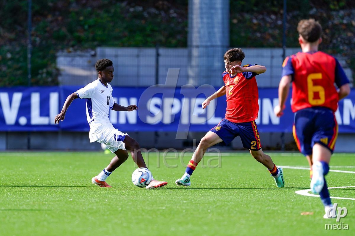 SCHAAN, LIECHTENSTEIN - OCTOBER 15: Adissu Alemu of Israel and Joel Palle of Spain battles for the ball during the UEFA European Under-17 Qualifier match between Spain and Israel at LFV Campus Rheinwiese on October 15, 2026 in Schaan, Liechtenstein.