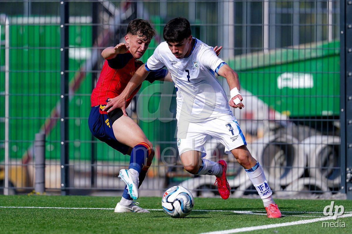 SCHAAN, LIECHTENSTEIN - OCTOBER 15: Yotam Kalfa of Israel battles for the ball during the UEFA European Under-17 Qualifier match between Spain and Israel at LFV Campus Rheinwiese on October 15, 2026 in Schaan, Liechtenstein.