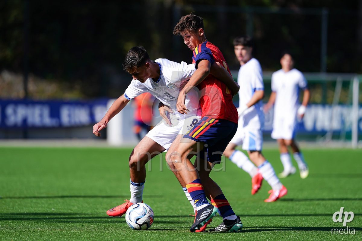SCHAAN, LIECHTENSTEIN - OCTOBER 15: Ariel Dorra of Israel battles for the ball during the UEFA European Under-17 Qualifier match between Spain and Israel at LFV Campus Rheinwiese on October 15, 2026 in Schaan, Liechtenstein.