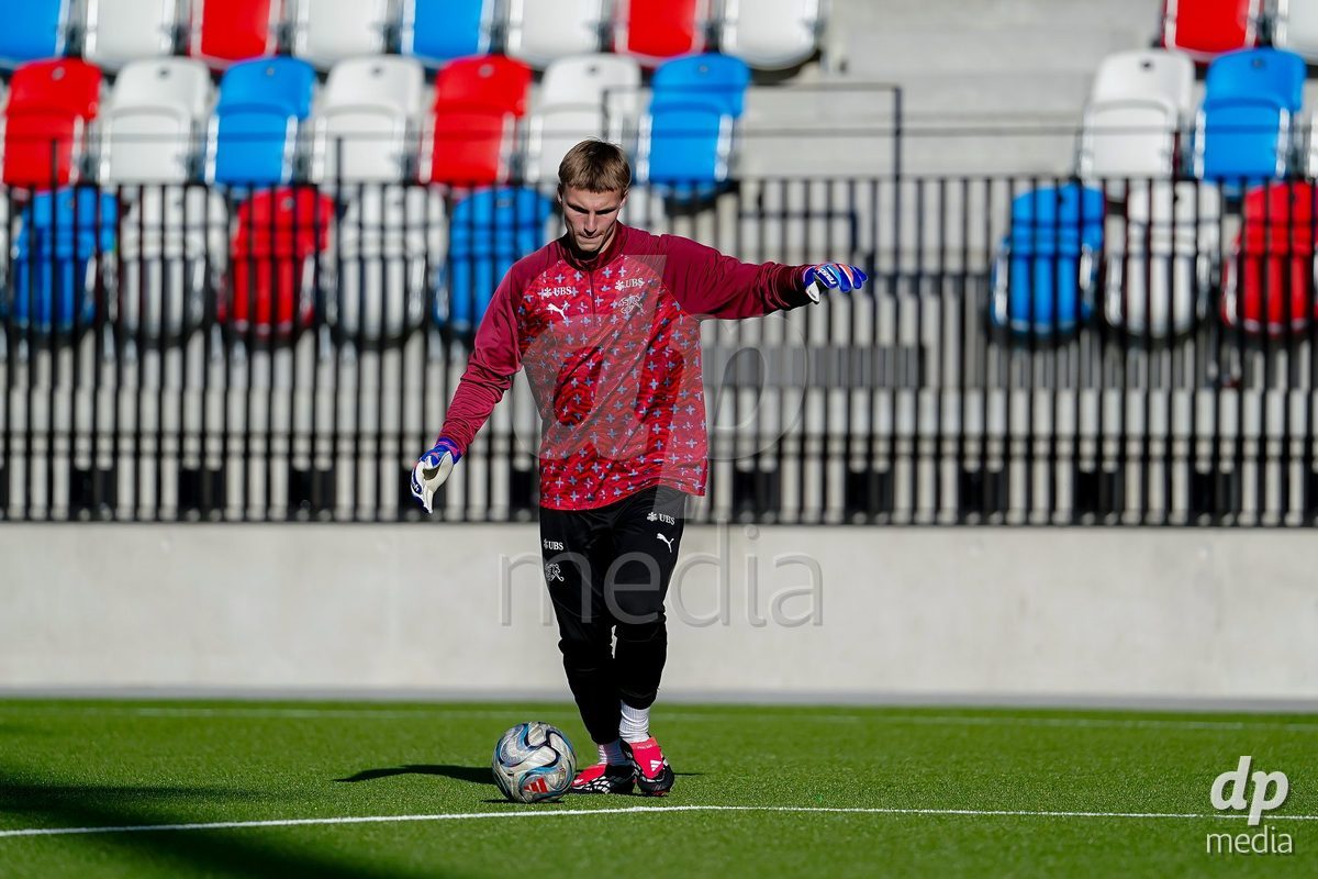 SCHAAN, LIECHTENSTEIN - OCTOBER 15: Players of Switzerland warming up during the UEFA European Under-17 Qualifier match between Switzerland and Liechtenstein at LFV Campus Rheinwiese on October 15, 2026 in Schaan, Liechtenstein.