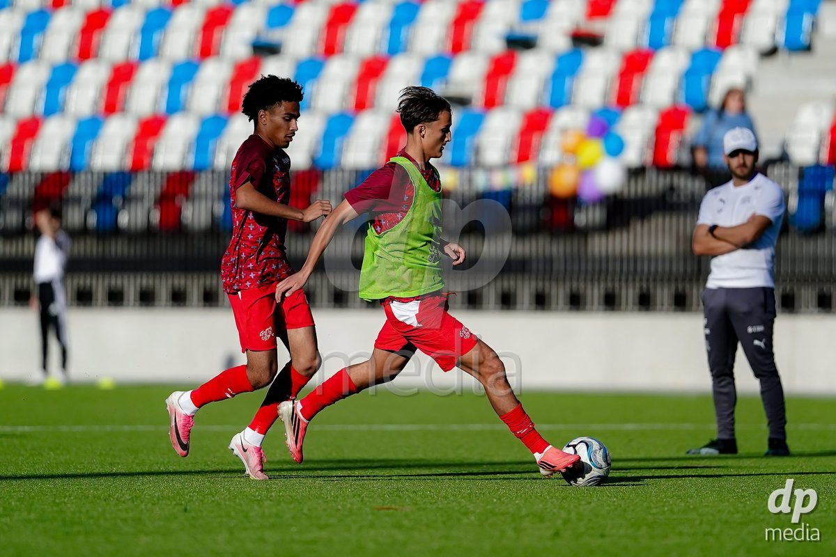SCHAAN, LIECHTENSTEIN - OCTOBER 15: Players of Switzerland warming up during the UEFA European Under-17 Qualifier match between Switzerland and Liechtenstein at LFV Campus Rheinwiese on October 15, 2026 in Schaan, Liechtenstein.