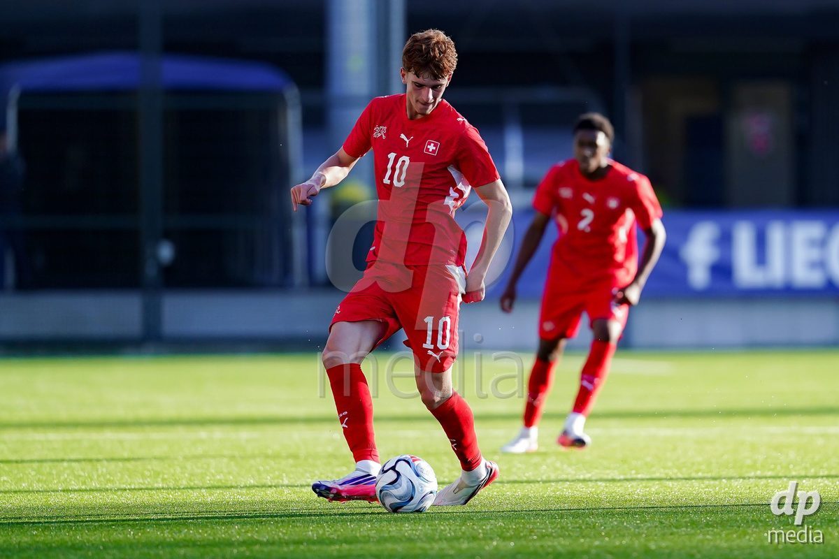 SCHAAN, LIECHTENSTEIN - OCTOBER 15: Eron Kele of Switzerland controls the ball during the UEFA European Under-17 Qualifier match between Switzerland and Liechtenstein at LFV Campus Rheinwiese on October 15, 2026 in Schaan, Liechtenstein.