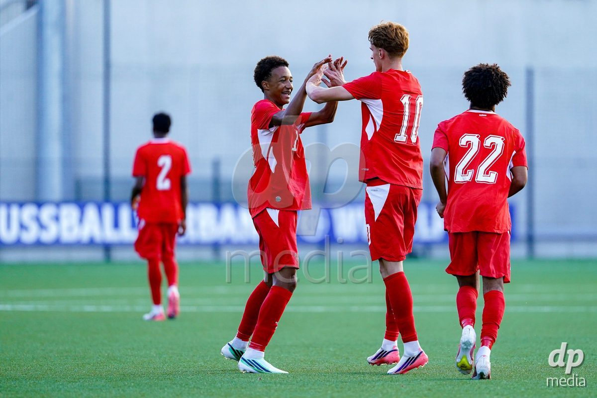 SCHAAN, LIECHTENSTEIN - OCTOBER 15: Ryan Hare of Switzerland celebrating with team after scoring during the UEFA European Under-17 Qualifier match between Switzerland and Liechtenstein at LFV Campus Rheinwiese on October 15, 2026 in Schaan, Liechtenstein.