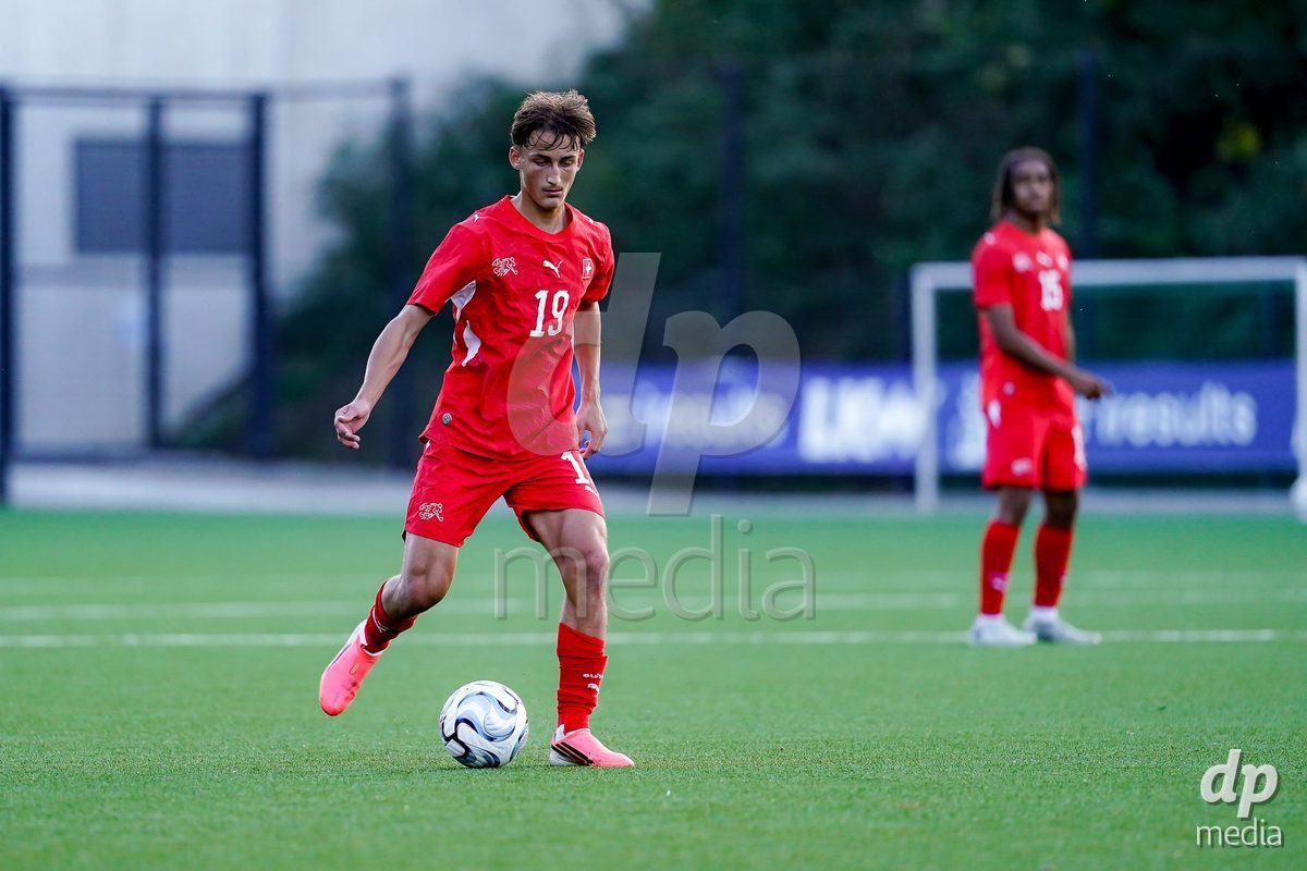 SCHAAN, LIECHTENSTEIN - OCTOBER 15: Eron Dreshaj of Switzerland controls the ball during the UEFA European Under-17 Qualifier match between Switzerland and Liechtenstein at LFV Campus Rheinwiese on October 15, 2026 in Schaan, Liechtenstein.