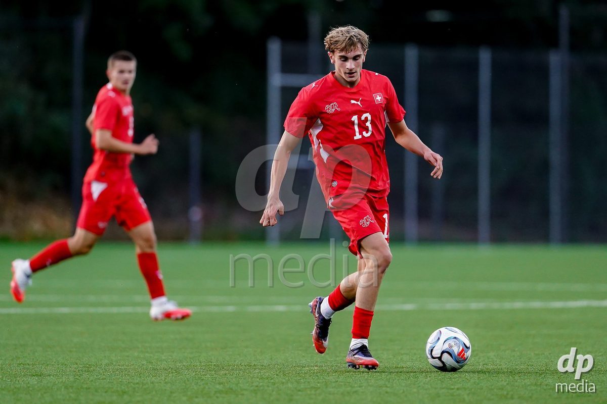 SCHAAN, LIECHTENSTEIN - OCTOBER 15: Timothy Dani Zanovello of Switzerland controls the ball during the UEFA European Under-17 Qualifier match between Switzerland and Liechtenstein at LFV Campus Rheinwiese on October 15, 2026 in Schaan, Liechtenstein.