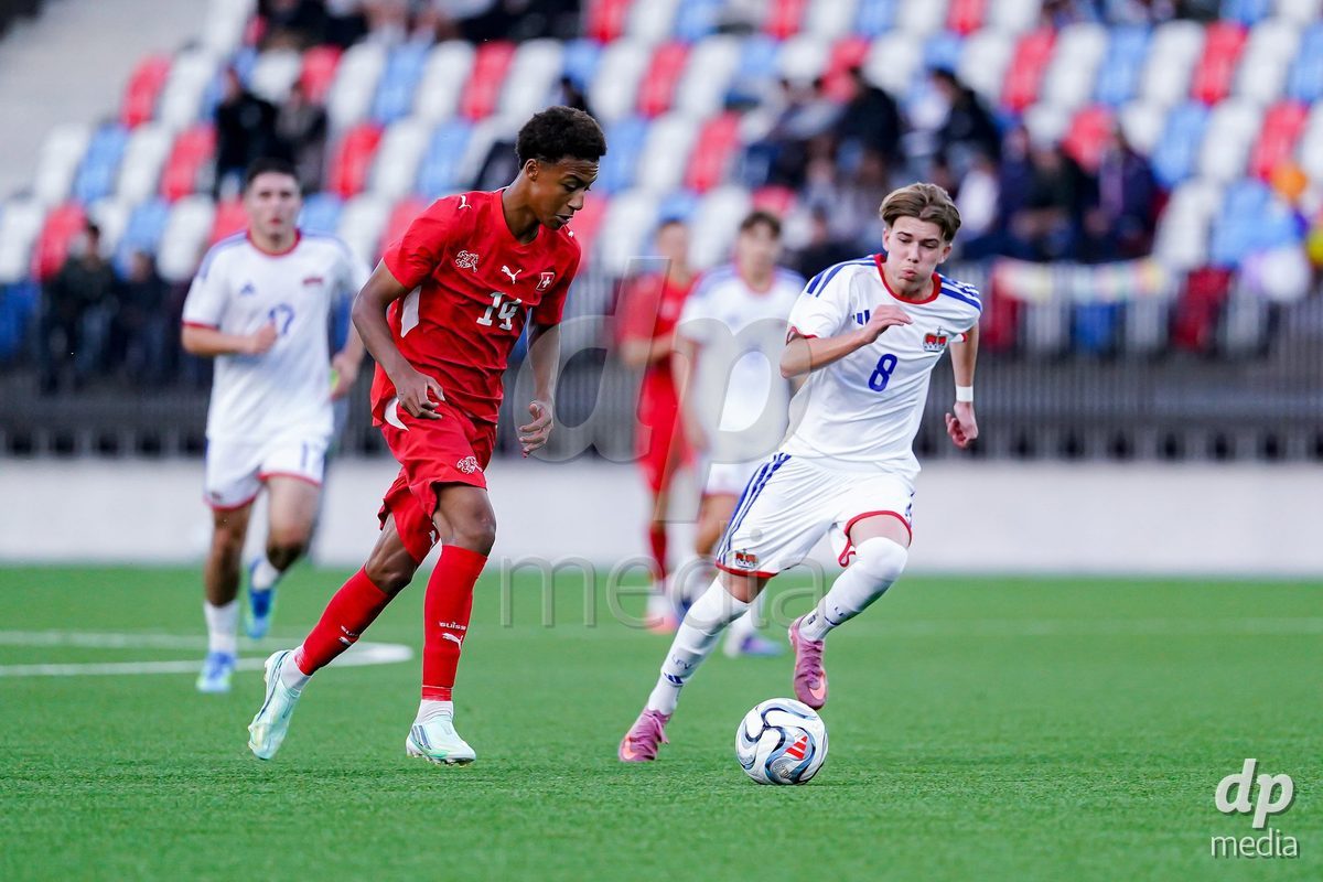 SCHAAN, LIECHTENSTEIN - OCTOBER 15: Ryan Hare of Switzerland controls the ball during the UEFA European Under-17 Qualifier match between Switzerland and Liechtenstein at LFV Campus Rheinwiese on October 15, 2026 in Schaan, Liechtenstein.