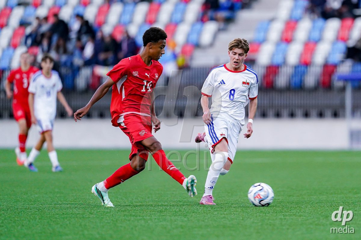 SCHAAN, LIECHTENSTEIN - OCTOBER 15: Ryan Hare of Switzerland controls the ball during the UEFA European Under-17 Qualifier match between Switzerland and Liechtenstein at LFV Campus Rheinwiese on October 15, 2026 in Schaan, Liechtenstein.