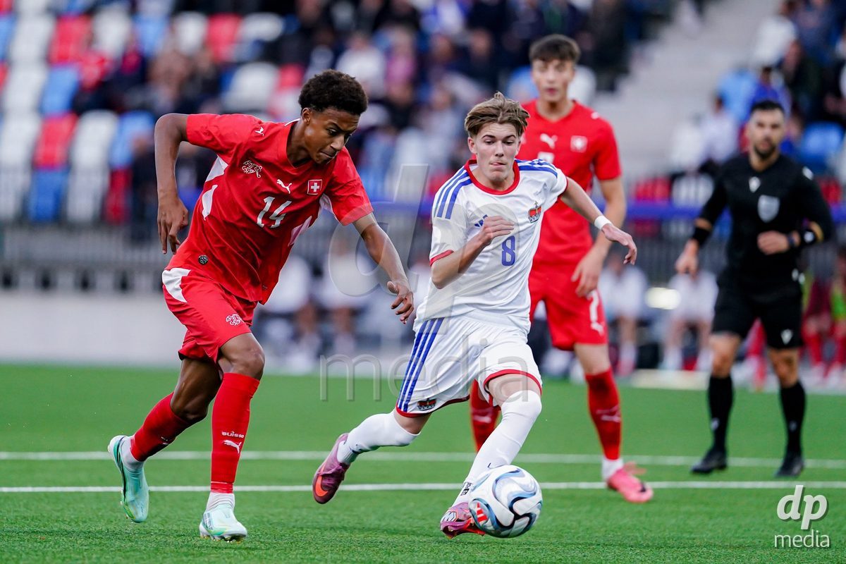 SCHAAN, LIECHTENSTEIN - OCTOBER 15: Ryan Hare of Switzerland controls the ball during the UEFA European Under-17 Qualifier match between Switzerland and Liechtenstein at LFV Campus Rheinwiese on October 15, 2026 in Schaan, Liechtenstein.