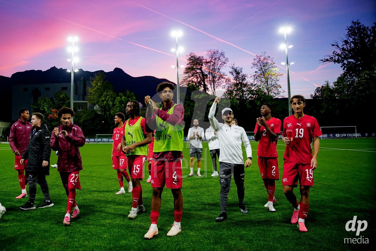 SCHAAN, LIECHTENSTEIN - OCTOBER 15: Switzerland after winning the UEFA European Under-17 Qualifier match between Switzerland and Liechtenstein at LFV Campus Rheinwiese on October 15, 2026 in Schaan, Liechtenstein.