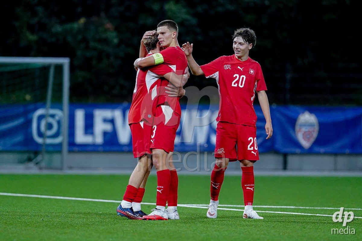 SCHAAN, LIECHTENSTEIN - OCTOBER 15: Players of Switzerland celebrating after scoring goal during the UEFA European Under-17 Qualifier match between Switzerland and Liechtenstein at LFV Campus Rheinwiese on October 15, 2026 in Schaan, Liechtenstein.