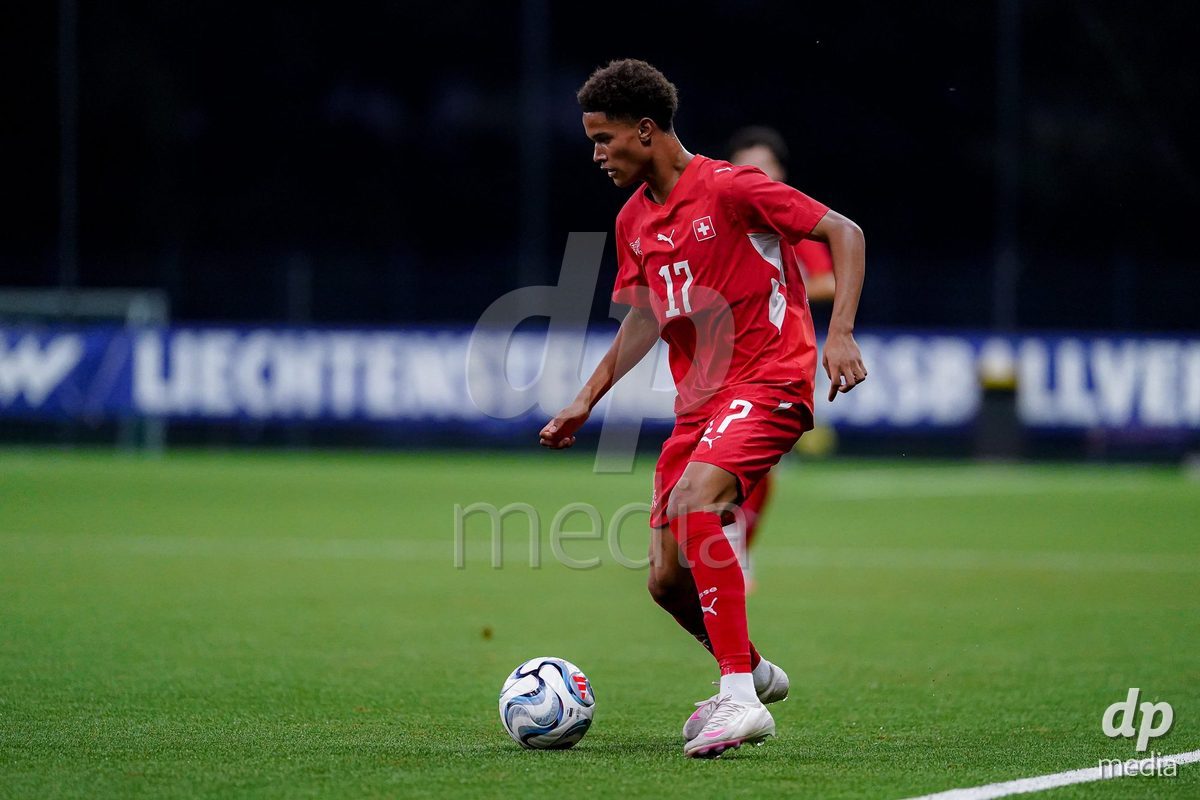 SCHAAN, LIECHTENSTEIN - OCTOBER 15: Kyle Kurt of Switzerland controls the ball during the UEFA European Under-17 Qualifier match between Switzerland and Liechtenstein at LFV Campus Rheinwiese on October 15, 2026 in Schaan, Liechtenstein.