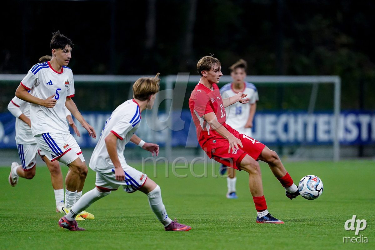 SCHAAN, LIECHTENSTEIN - OCTOBER 15: Timothy Dani Zanovello of Switzerland the ball during the UEFA European Under-17 Qualifier match between Switzerland and Liechtenstein at LFV Campus Rheinwiese on October 15, 2026 in Schaan, Liechtenstein.
