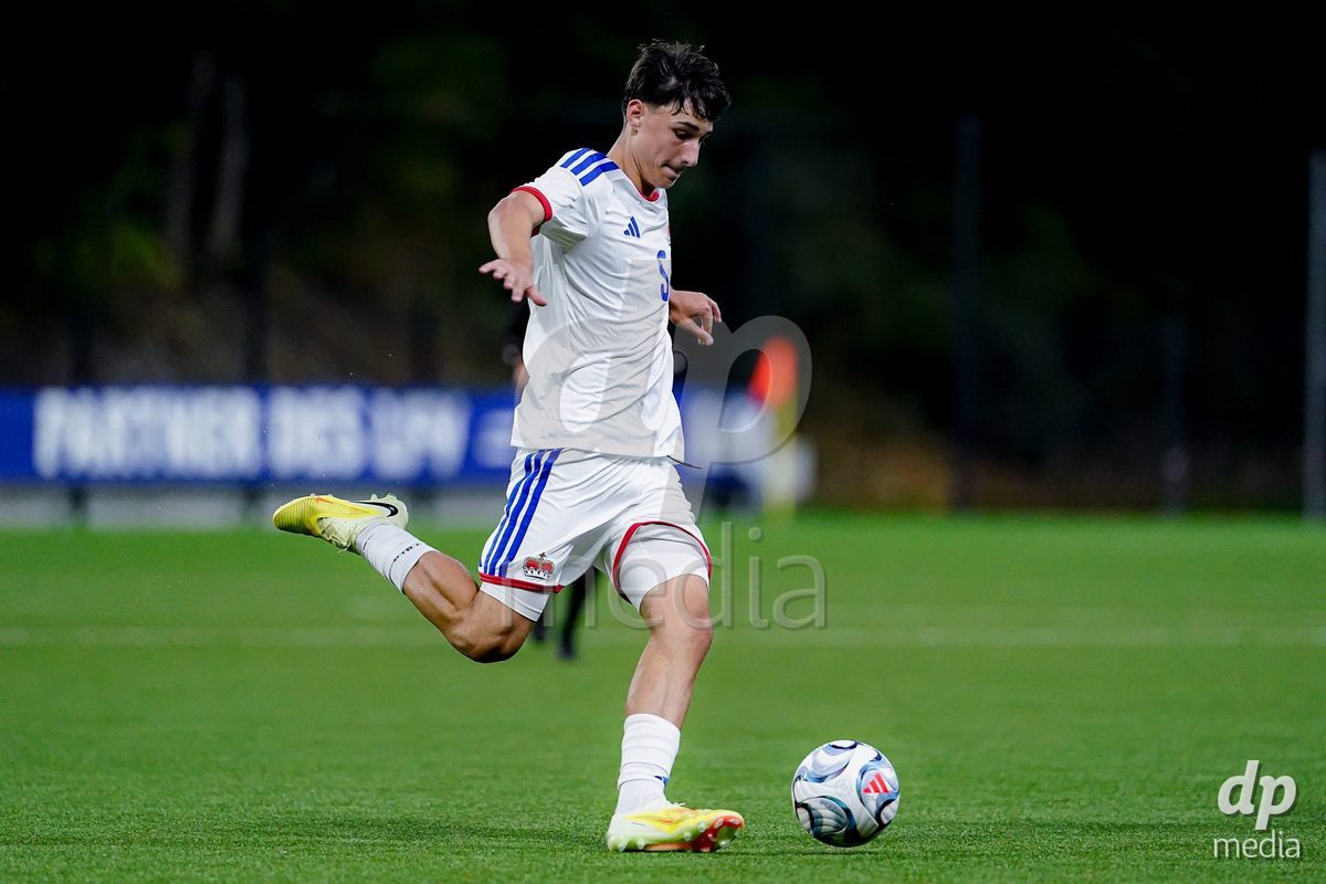 SCHAAN, LIECHTENSTEIN - OCTOBER 15: Luca Dunser of Liechtenstein controls the ball during the UEFA European Under-17 Qualifier match between Switzerland and Liechtenstein at LFV Campus Rheinwiese on October 15, 2026 in Schaan, Liechtenstein.