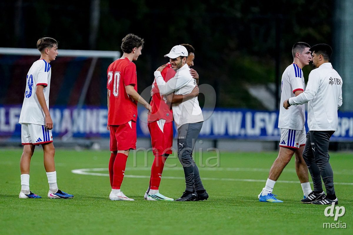 SCHAAN, LIECHTENSTEIN - OCTOBER 15: Switzerland celebrating after winning the UEFA European Under-17 Qualifier match between Switzerland and Liechtenstein at LFV Campus Rheinwiese on October 15, 2026 in Schaan, Liechtenstein.