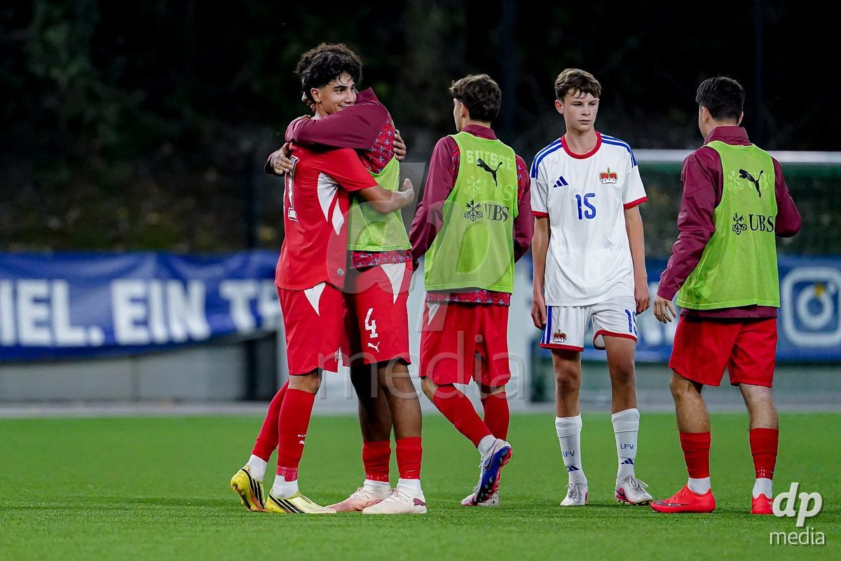 SCHAAN, LIECHTENSTEIN - OCTOBER 15: Players of Switzerland celebrating after winning the UEFA European Under-17 Qualifier match between Switzerland and Liechtenstein at LFV Campus Rheinwiese on October 15, 2026 in Schaan, Liechtenstein.