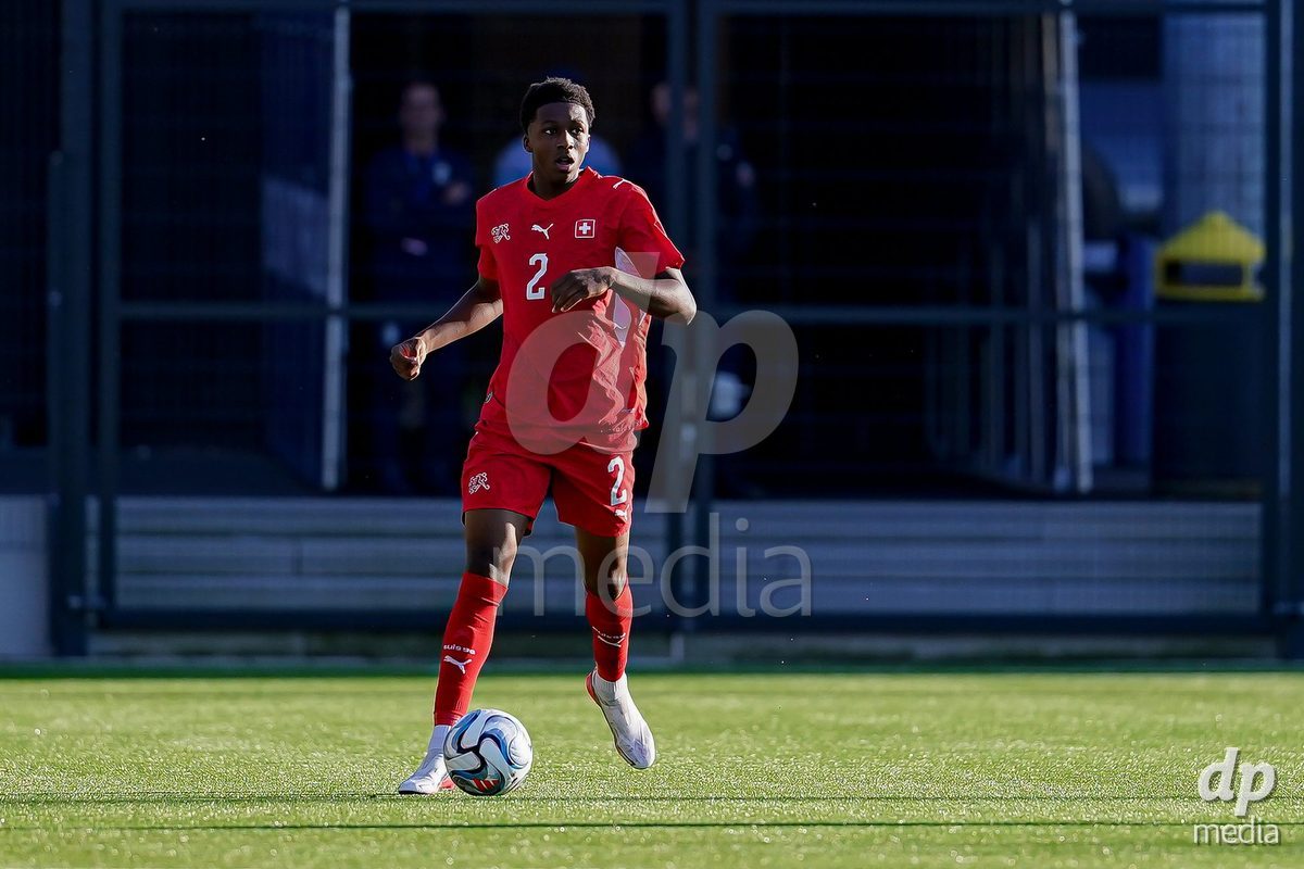 SCHAAN, LIECHTENSTEIN - OCTOBER 15: Darren Okoh of Switzerland controls the ball during the UEFA European Under-17 Qualifier match between Switzerland and Liechtenstein at LFV Campus Rheinwiese on October 15, 2026 in Schaan, Liechtenstein.