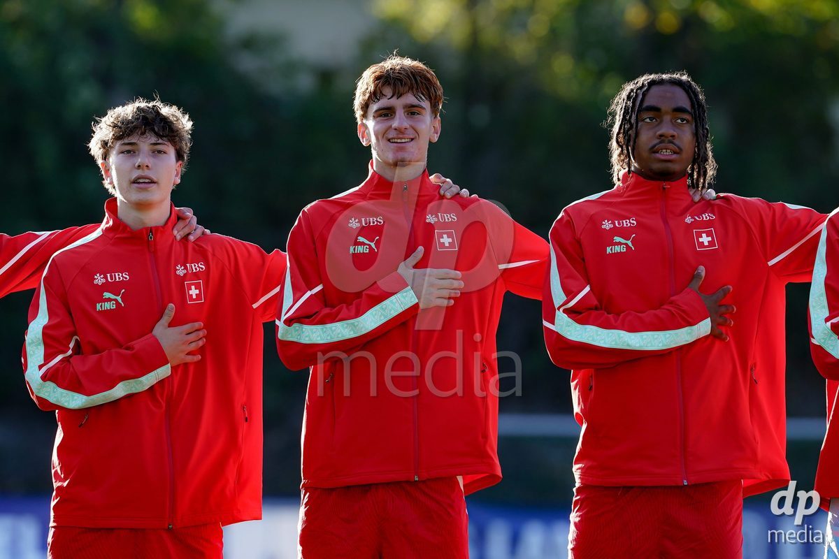 SCHAAN, LIECHTENSTEIN - OCTOBER 15: Players of Switzerland during the UEFA European Under-17 Qualifier match between Switzerland and Liechtenstein at LFV Campus Rheinwiese on October 15, 2026 in Schaan, Liechtenstein.