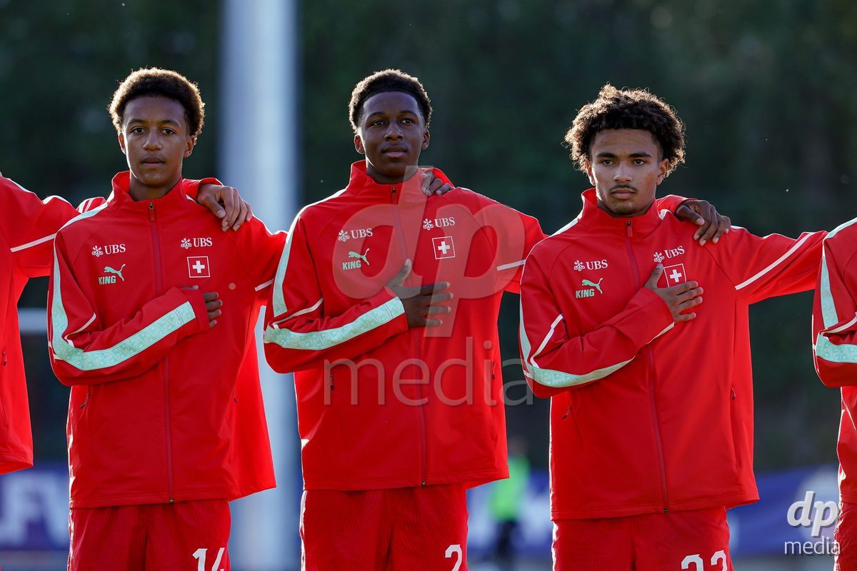 SCHAAN, LIECHTENSTEIN - OCTOBER 15: Players of Switzerland during the UEFA European Under-17 Qualifier match between Switzerland and Liechtenstein at LFV Campus Rheinwiese on October 15, 2026 in Schaan, Liechtenstein.