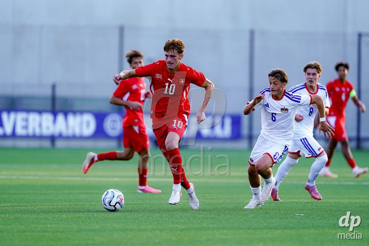SCHAAN, LIECHTENSTEIN - OCTOBER 15: Eron Kele of Switzerland controls the ball during the UEFA European Under-17 Qualifier match between Switzerland and Liechtenstein at LFV Campus Rheinwiese on October 15, 2026 in Schaan, Liechtenstein.
