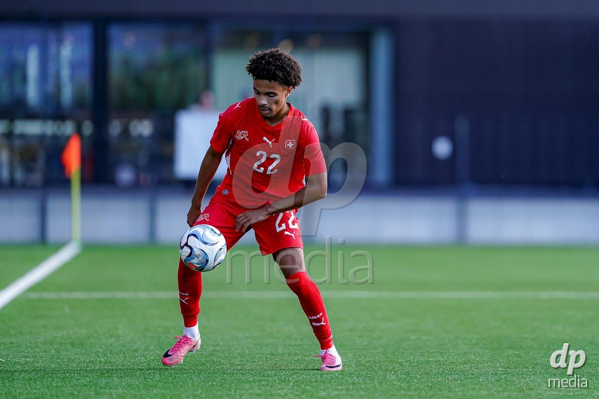 SCHAAN, LIECHTENSTEIN - OCTOBER 15: Nolaan Stifani of Switzerland controls the ball during the UEFA European Under-17 Qualifier match between Switzerland and Liechtenstein at LFV Campus Rheinwiese on October 15, 2026 in Schaan, Liechtenstein.