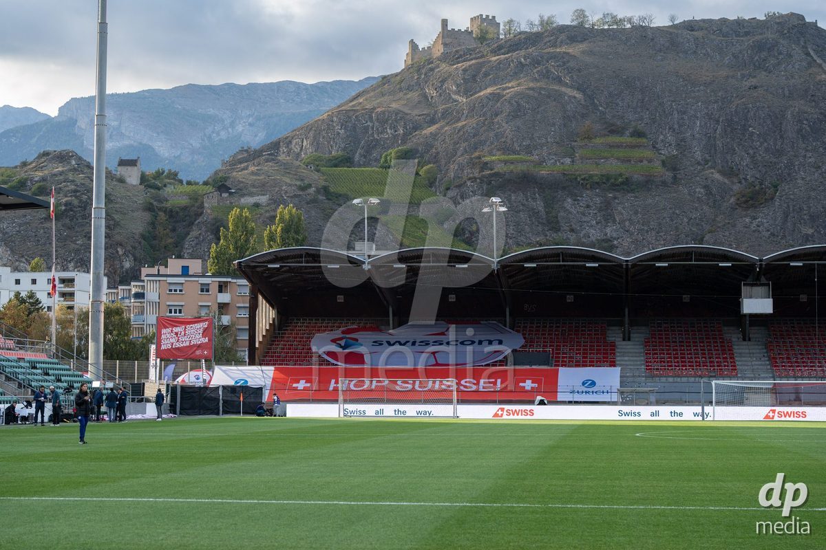 SION, SWITZERLAND, OCTOBER 13 : Stade de Tourbillon prior to the FIFA Women's World Cup 2027 Women's European Qualifiers Play-offs game between Switzerland and Israel at Stade de Tourbillon on October 13, 2026 in Sion, Switzerland.