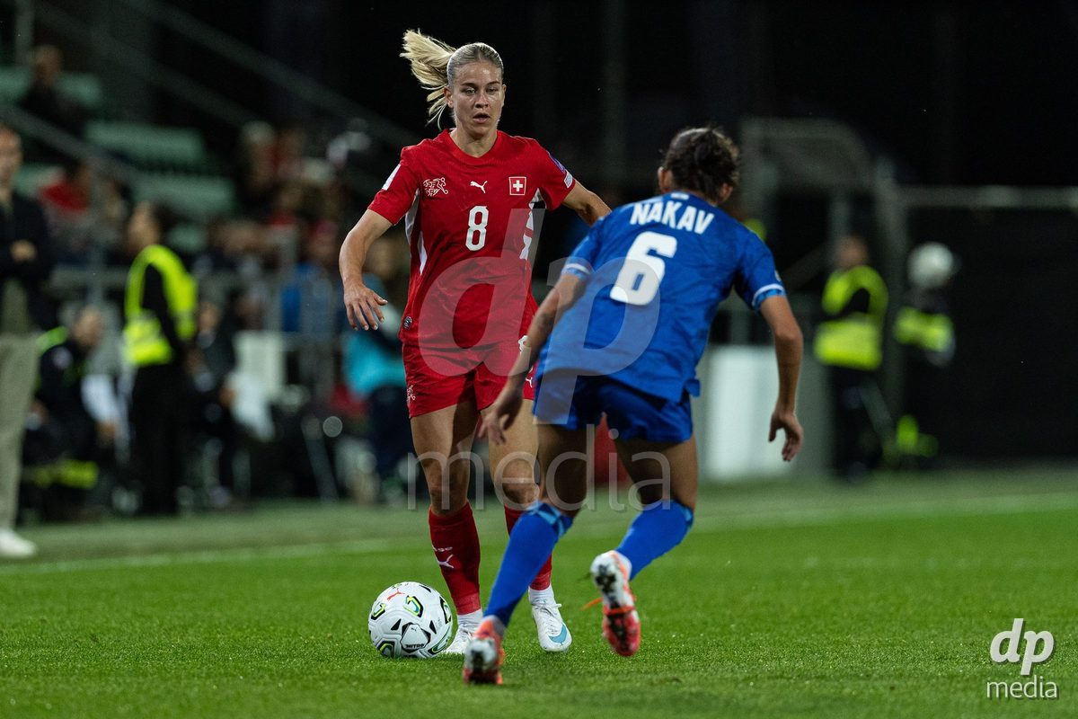 SION, SWITZERLAND, OCTOBER 13 : Nadine Riesen of Switzerland dribbles during the FIFA Women's World Cup 2027 Women's European Qualifiers Play-offs game between Switzerland and Israel at Stade de Tourbillon on October 13, 2026 in Sion, Switzerland.