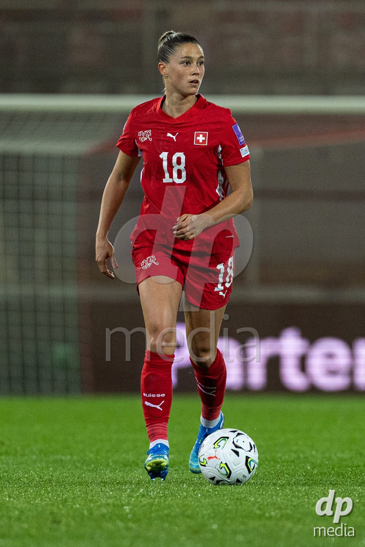 SION, SWITZERLAND, OCTOBER 13 : Viola Calligaris of Switzerland runs with the ball during the FIFA Women's World Cup 2027 Women's European Qualifiers Play-offs game between Switzerland and Israel at Stade de Tourbillon on October 13, 2026 in Sion, Switzerland.