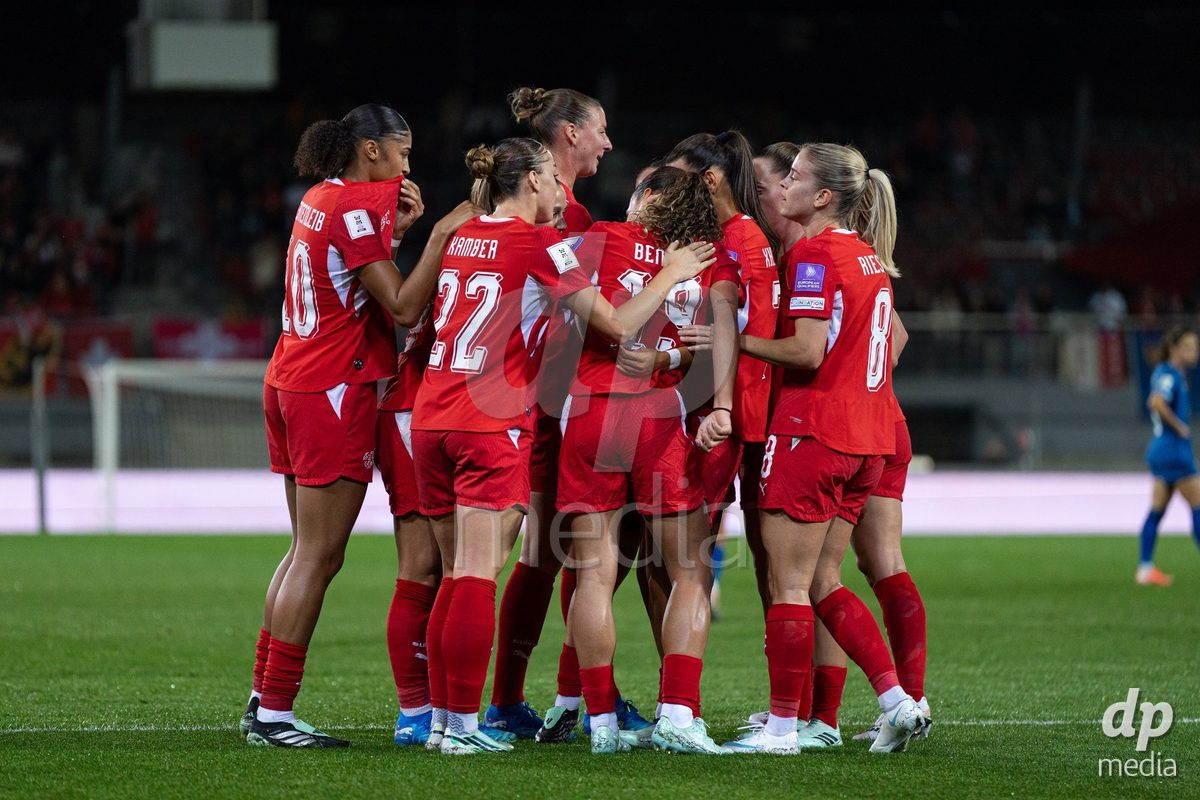SION, SWITZERLAND, OCTOBER 13 : Switzerland team celebrates the goal during the FIFA Women's World Cup 2027 Women's European Qualifiers Play-offs game between Switzerland and Israel at Stade de Tourbillon on October 13, 2026 in Sion, Switzerland.